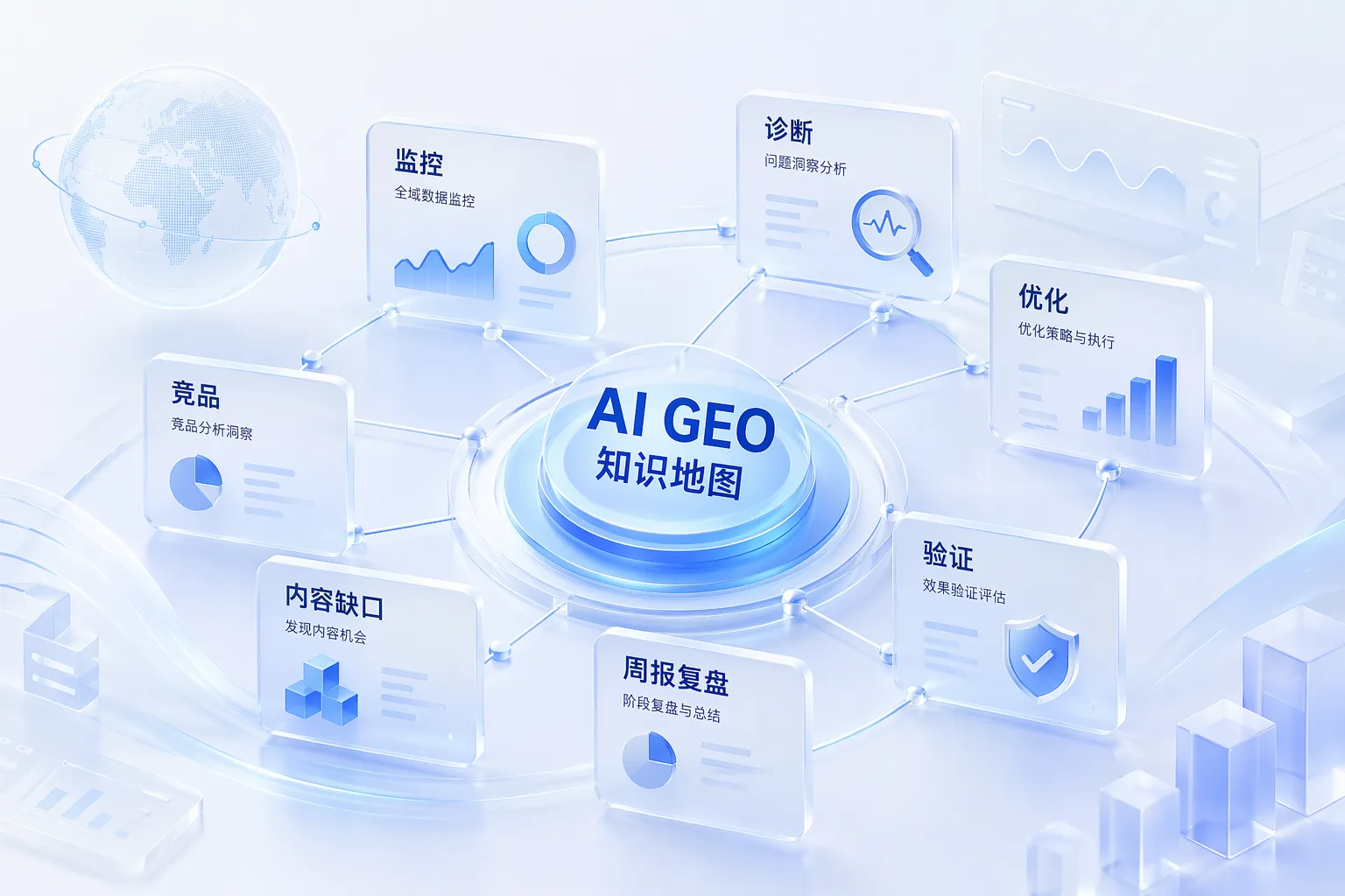 AI GEO 内容中心主题地图，展示监控、诊断、优化和验证的知识节点